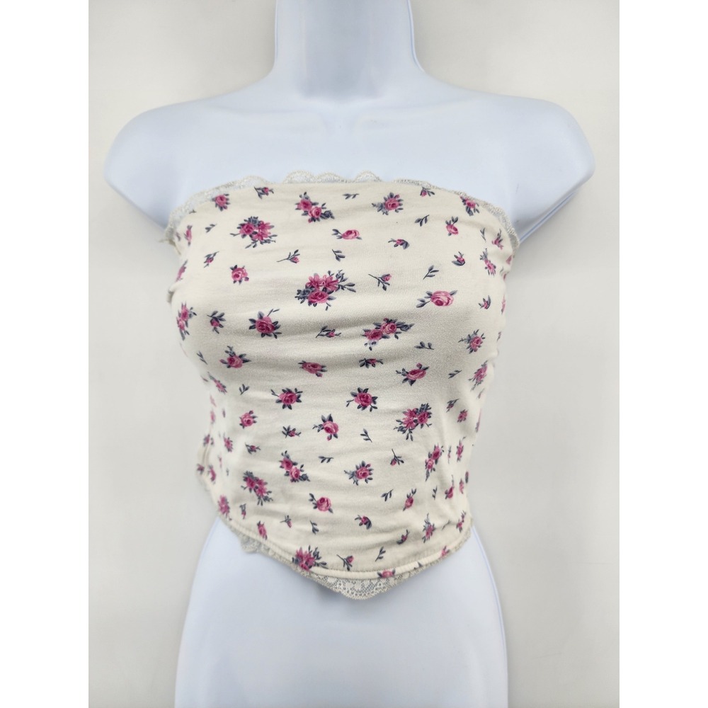 Wild Fable Womens XS Floral Lace Trim Tube Top White Pink Strapless Crop Top